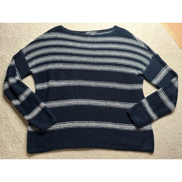 Vince: Navy Striped Knit Crew Neck Sweater - Picture 5 of 10